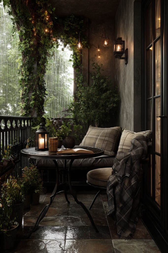 Romantic rainy balcony with cozy café seating, lantern lighting, lush greenery, wet flooring, and moody outdoor ambiance