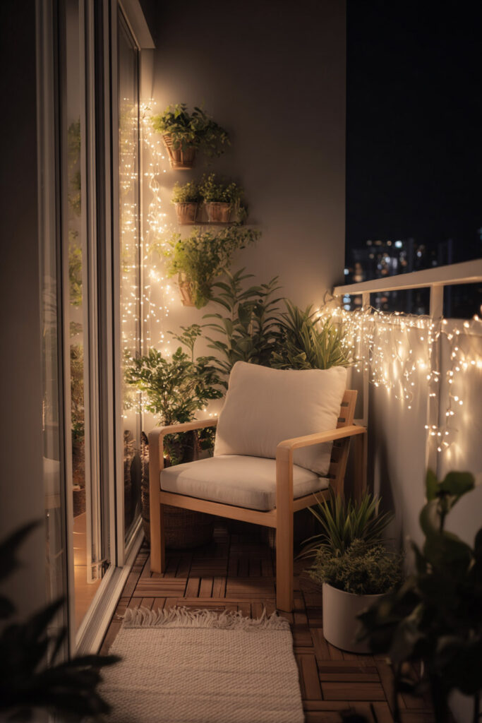 Small balcony with fairy lights, potted plants, cozy chair, and warm ambient lighting creating a relaxing nighttime retreat.
