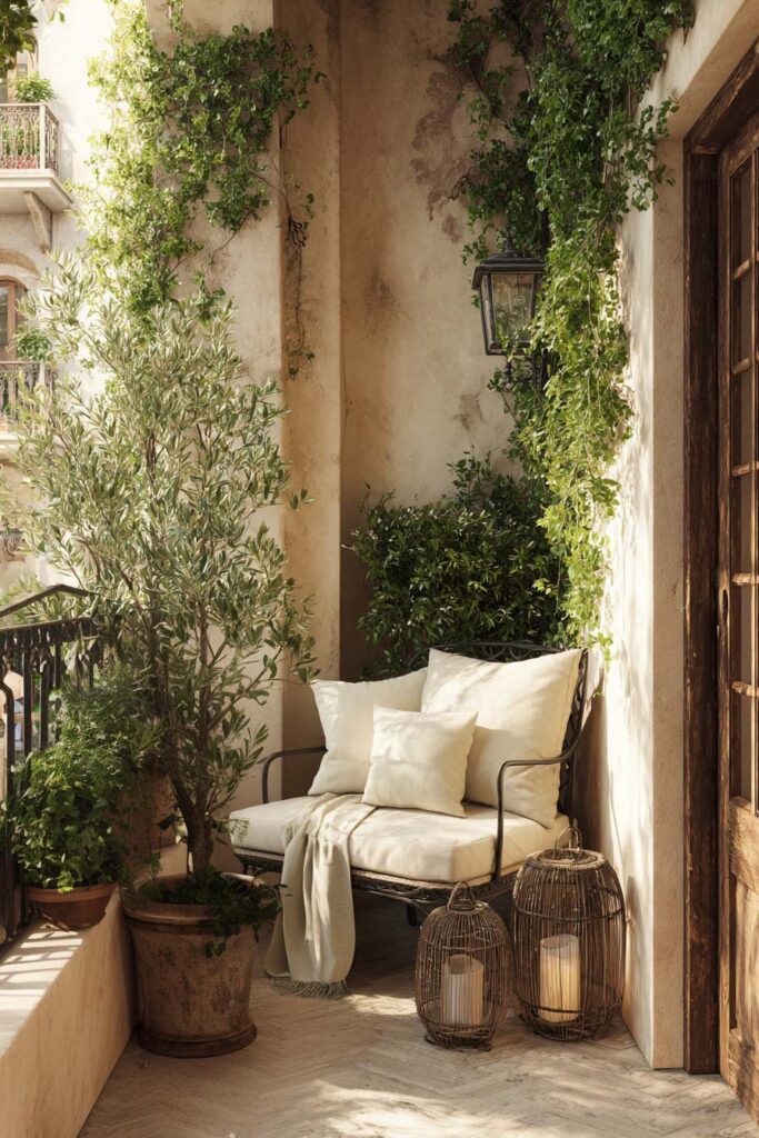 Small Mediterranean balcony with potted olive tree, climbing vines, lanterns, cushioned lounge chair, terracotta planters, and Mediterranean-inspired outdoor decor.
