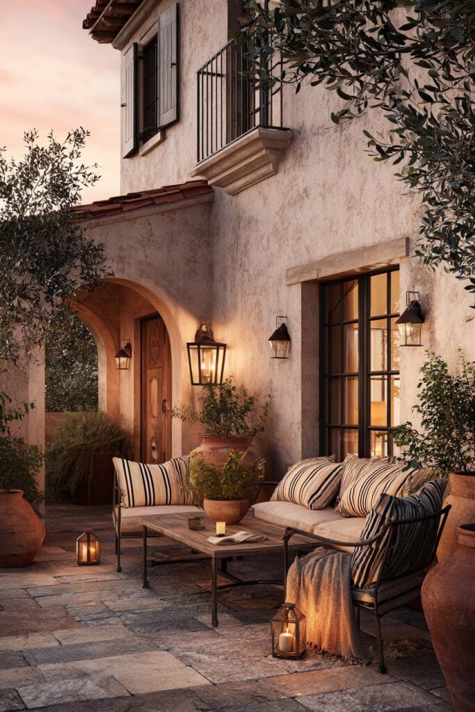 Mediterranean outdoor seating area with lantern lighting, striped cushions, terracotta pots, stone flooring, stucco walls, and cozy evening patio decor.