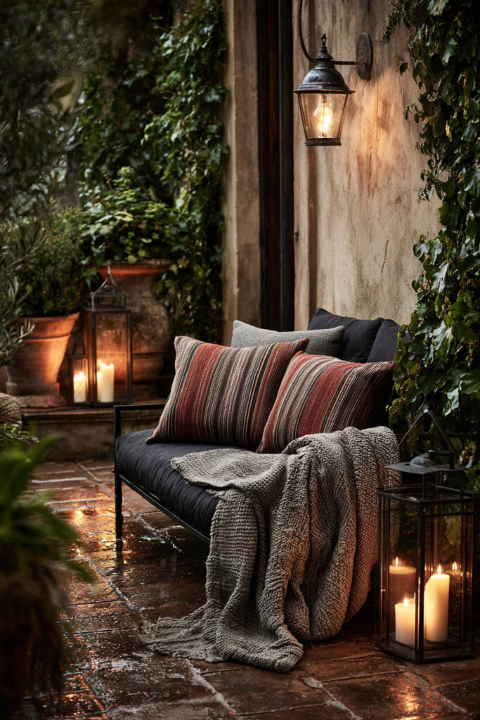 Dark apartment balcony with cozy sofa, textured blankets, candle lanterns, climbing greenery, and warm ambient lighting.