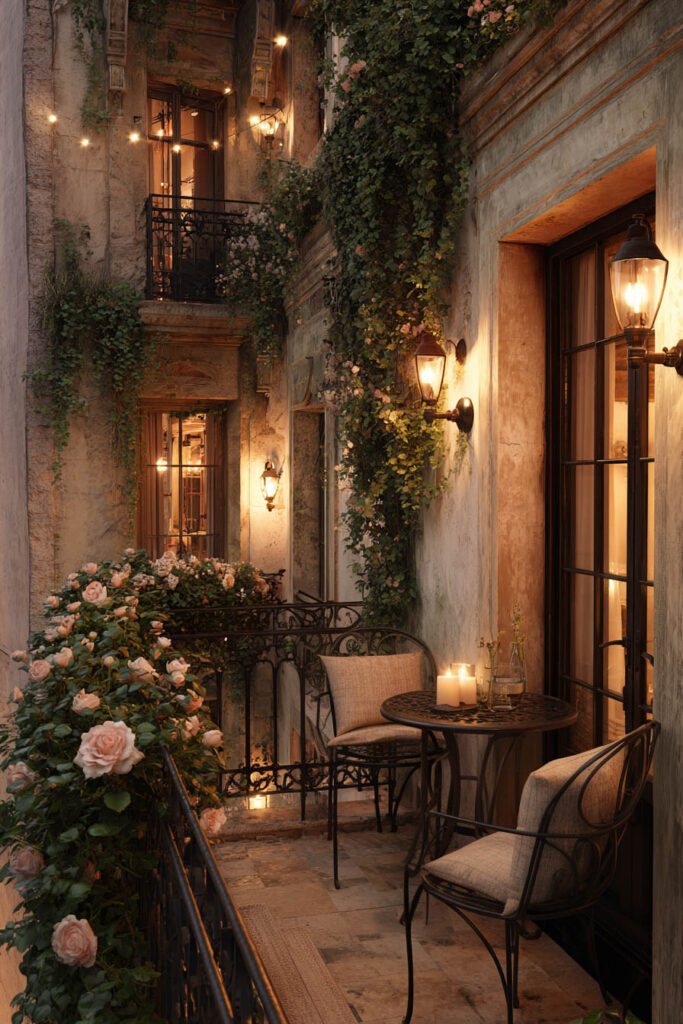 French balcony at night with warm lantern lighting, candles, climbing roses, wrought iron furniture, and romantic Parisian decor