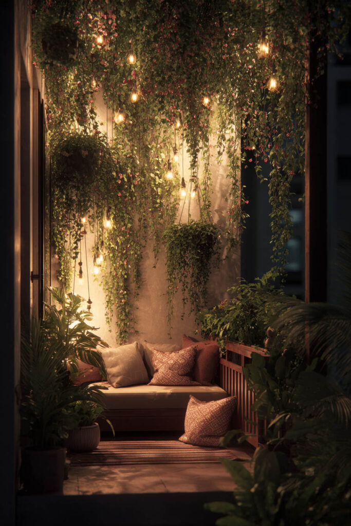 Balcony with hanging plants, cascading vines, warm string lights, and cozy seating creating a magical garden retreat at night.
