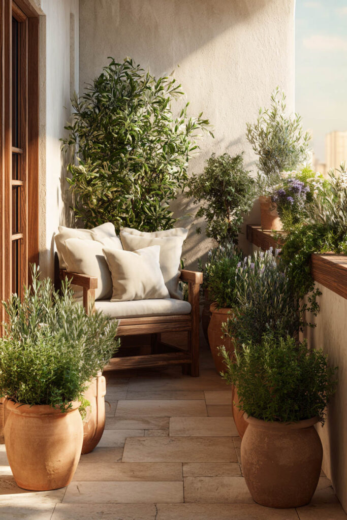Mediterranean balcony with olive trees, lavender, rosemary, terracotta pots, and cozy outdoor seating creating a resort-inspired outdoor retreat.