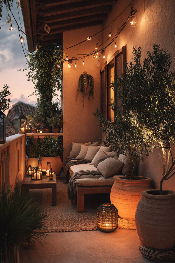 Mediterranean balcony at night with string lights, lanterns, candles, olive trees, terracotta pots, and cozy outdoor seating creating a warm summer evening atmosphere.