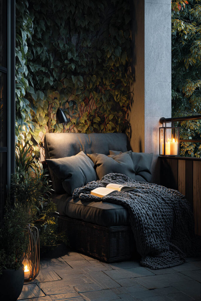 Moody balcony reading nook with cozy chair, knit blanket, open book, candle lanterns, lush greenery, and warm evening lighting.