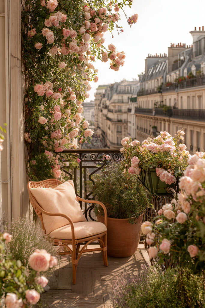 Paris balcony with overflowing blush rose flower boxes, climbing roses, cozy chair, terracotta planters, wrought iron railing, and hidden garden styling overlooking historic city buildings.