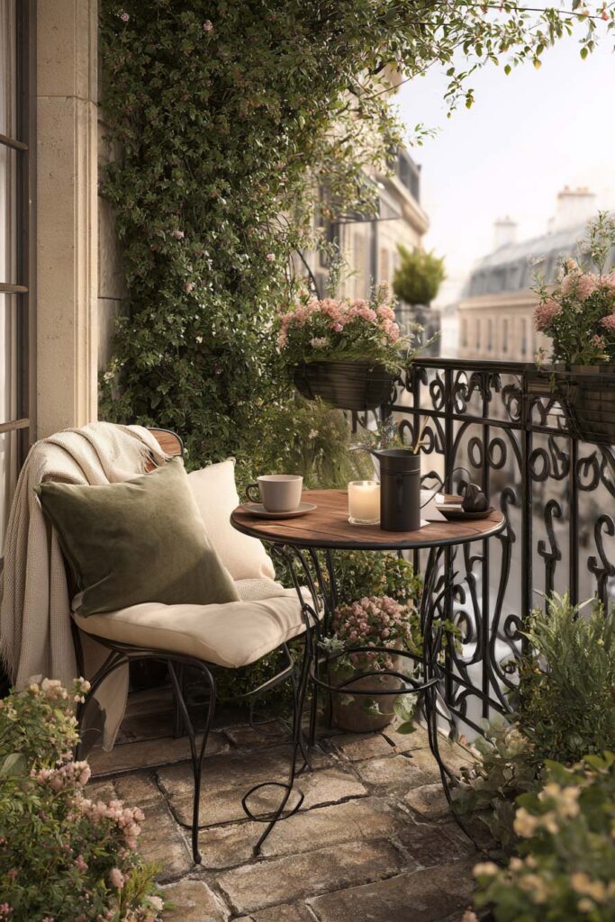Small Parisian balcony with bistro table, coffee cup, neutral cushions, climbing vines, and pink flowers creating a cozy morning retreat.