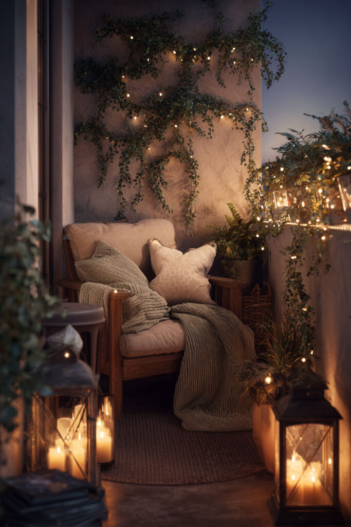 Romantic balcony with candle lanterns, cozy chair, string lights, greenery, and soft textiles creating a warm evening retreat.