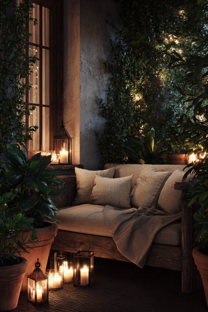 Romantic balcony with candle lanterns, cozy outdoor sofa, lush plants, warm ambient lighting, and soft neutral textiles creating a private retreat at night.