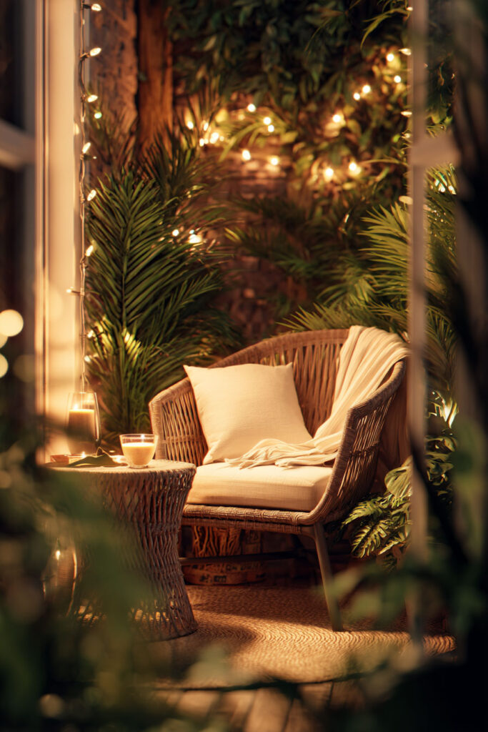 Romantic balcony with wicker lounge chair, warm string lights, tropical plants, cozy throw blanket, and ambient lighting creating a relaxing outdoor retreat.