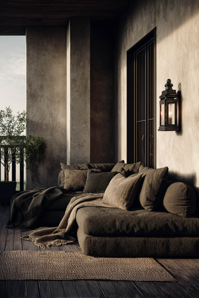 Romantic moody balcony with textured cushions, cozy throw blankets, lantern wall light, and warm neutral outdoor decor