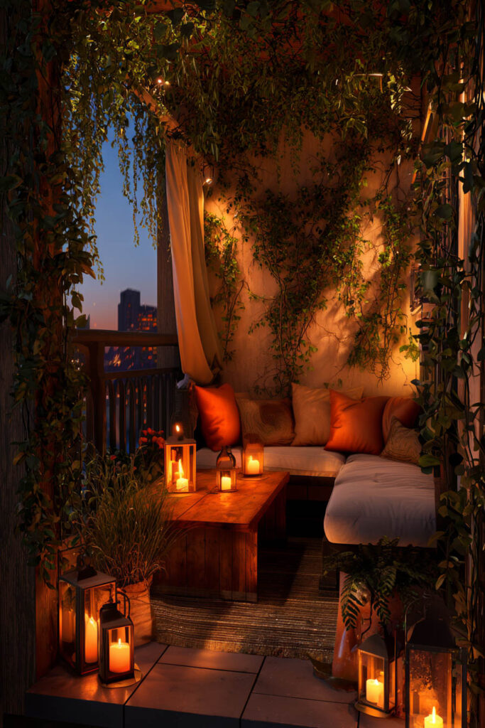 Romantic private balcony with candle lanterns, cozy lounge seating, lush climbing plants, warm ambient lighting, and intimate evening atmosphere